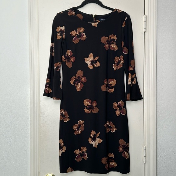 Tommy Hilfiger Black & Tan Floral Long Bell Sleeve Jersey Shift Dress Size 4 - Picture 1 of 8
